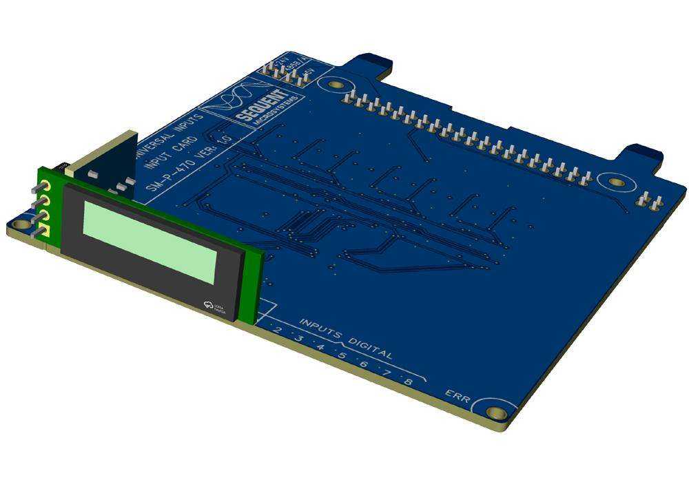 16 Universal Inputs card, a blue printed circuit board with green terminal connectors and a built-in rectangular OLED display