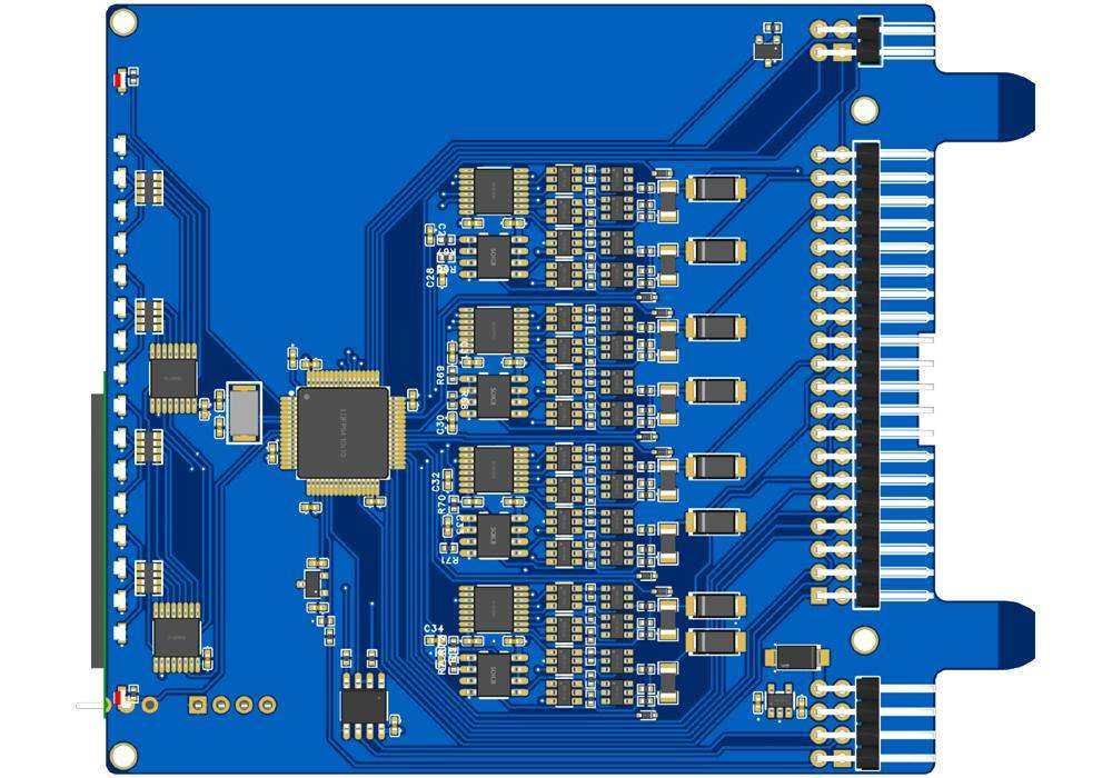 16 Universal Inputs circuit board with a blue PCB, gold contacts, and rows of electronic components and connectors