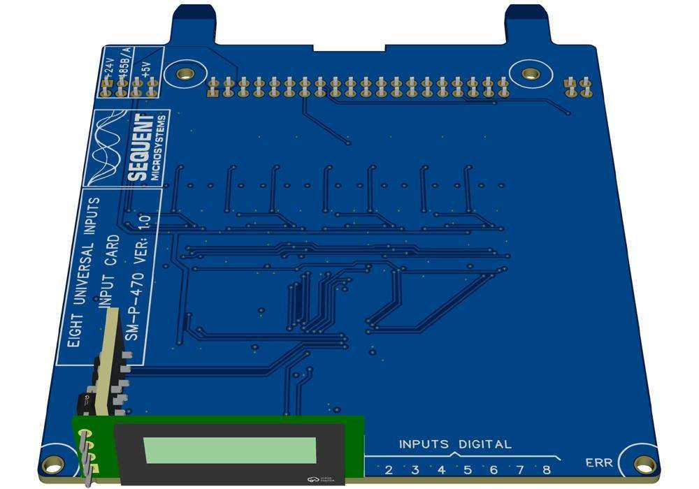 16 Universal Inputs card with a blue circuit board, white printed labels, gold connectors, and a green OLED display