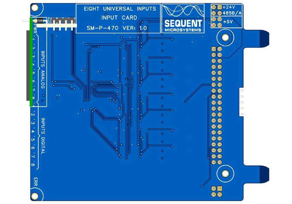 16 Universal Inputs card, blue circuit board with printed input labels, connector pins and mounting tabs