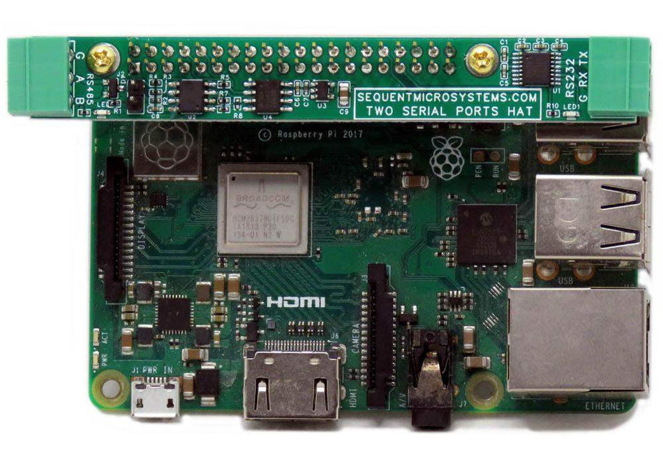 Two Serial Ports RS485 and RS232 stackable HAT mounted on Raspberry Pi with labeled connectors and status LEDs