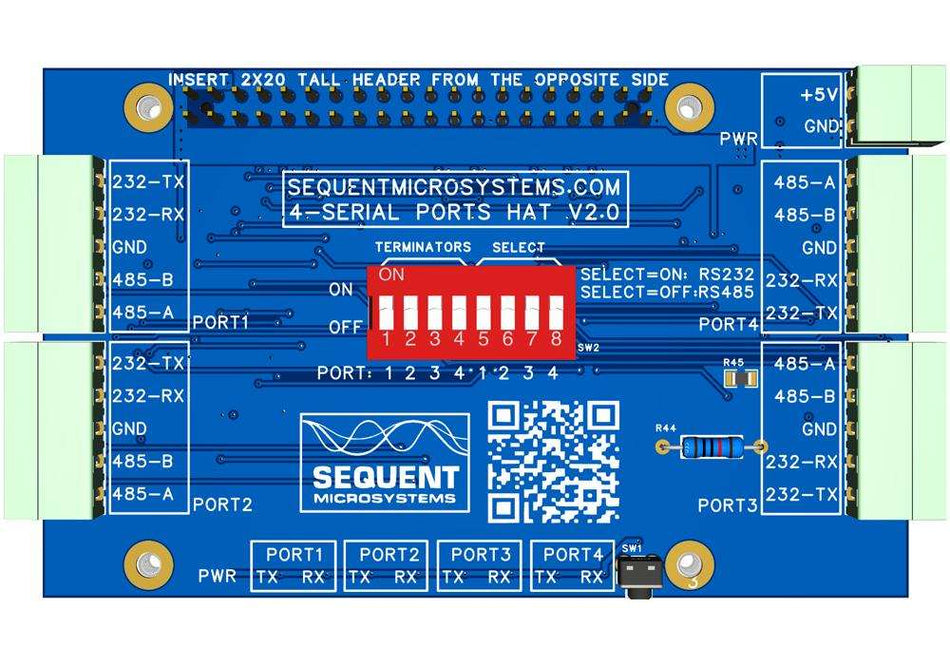 Four Serial Ports RS485 and RS232 stackable HAT for Raspberry Pi