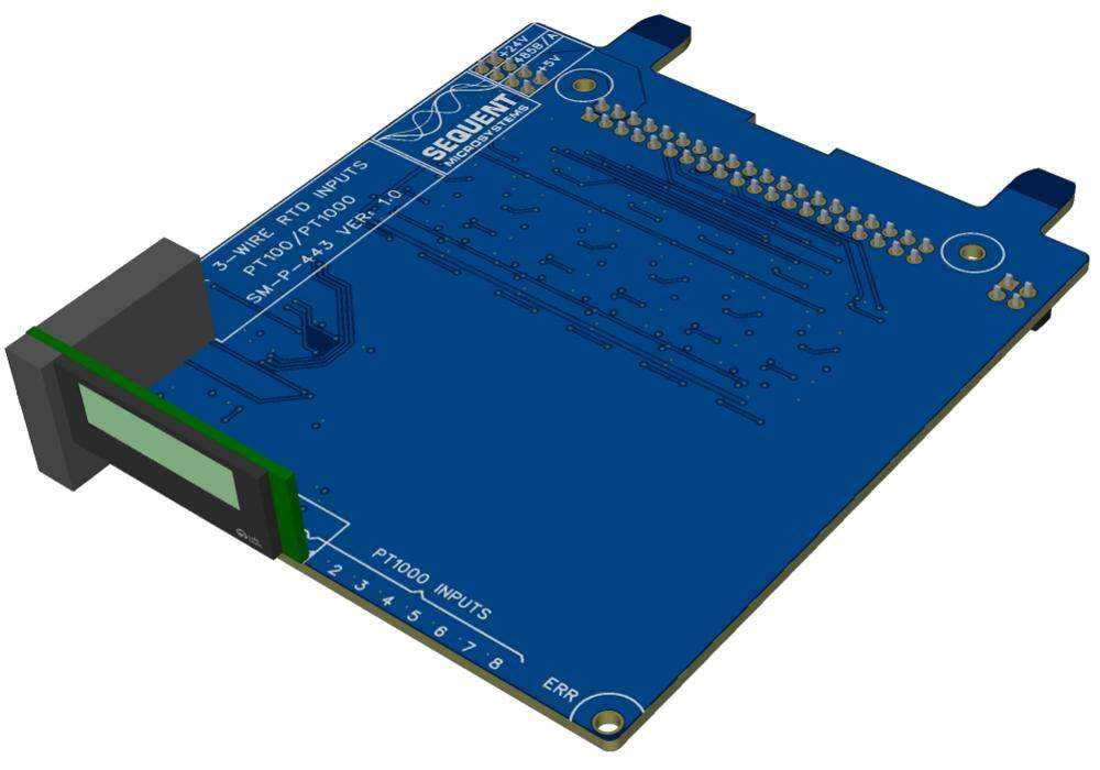 6 RTD Inputs circuit board in blue with gold contacts, green terminal block, and built-in rectangular OLED display