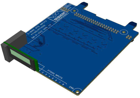 6 RTD Inputs circuit board in blue with gold contacts, green terminal block, and built-in rectangular OLED display