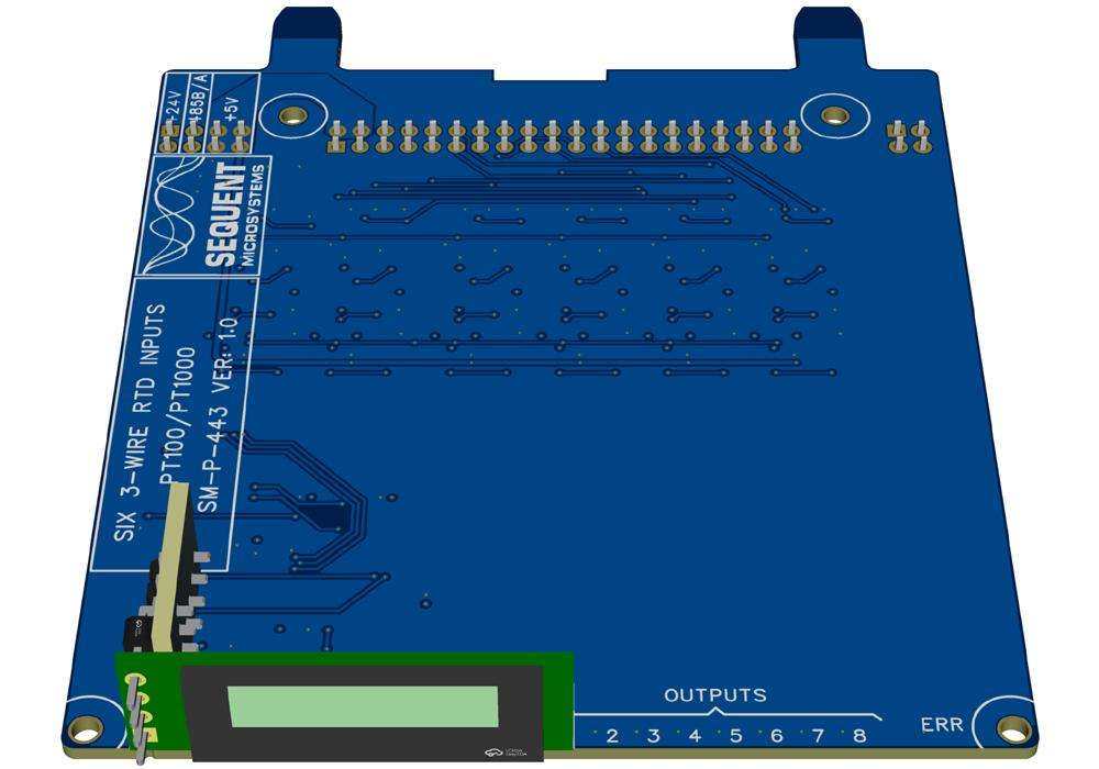 6 RTD Inputs circuit board with a blue PCB, green terminal connector, and built-in OLED display