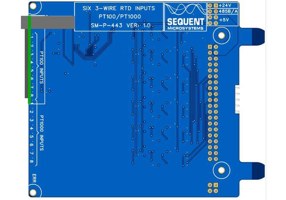 6 RTD Inputs circuit board in blue with white labels, gold contacts, and a compact rectangular PCB design