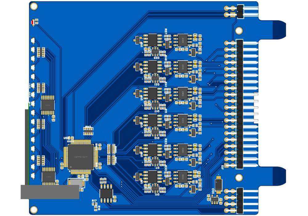 6 RTD Inputs circuit board, blue PCB with gold contacts, black components, and a row of edge connector pins