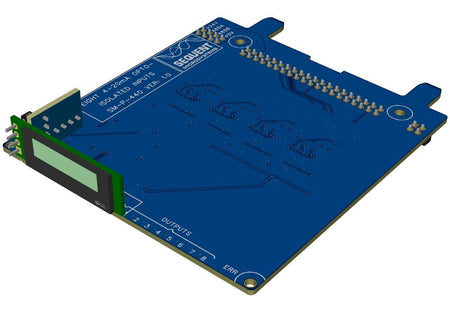 8 Analog 4–20 mA Inputs card with a blue circuit board, green OLED display module, and gold connector pins
