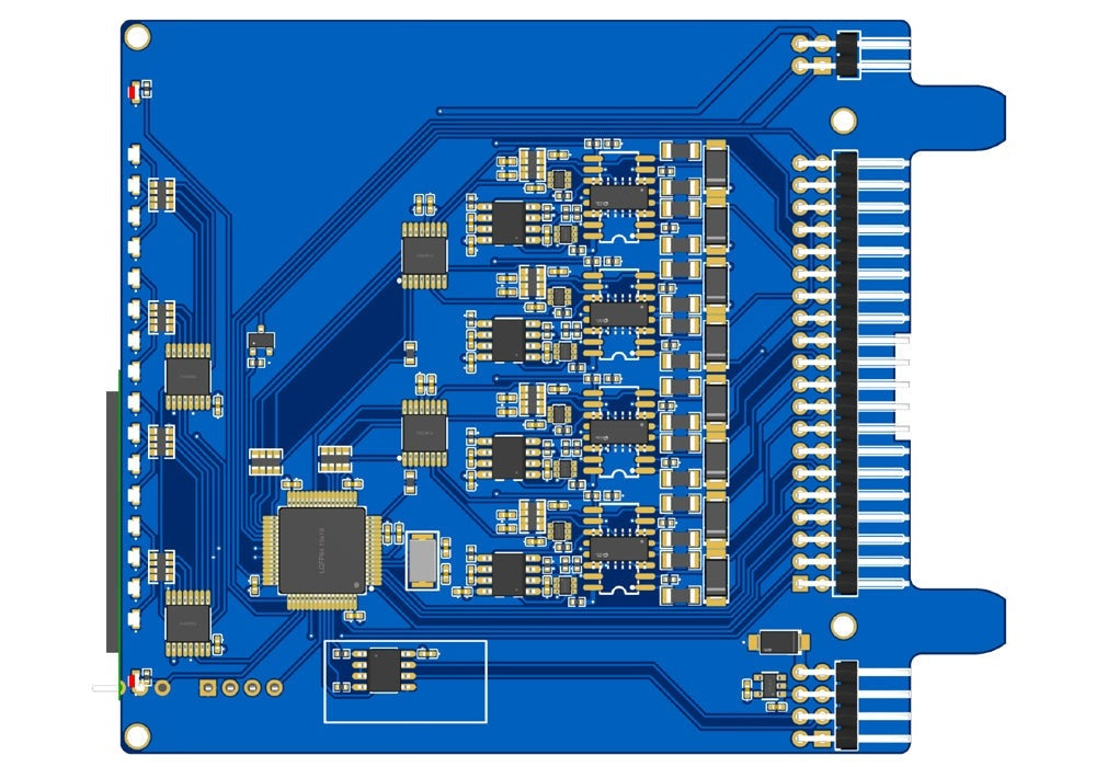 8 Analog 4–20 mA Inputs circuit board, blue PCB with gold contacts, electronic components, and edge connectors