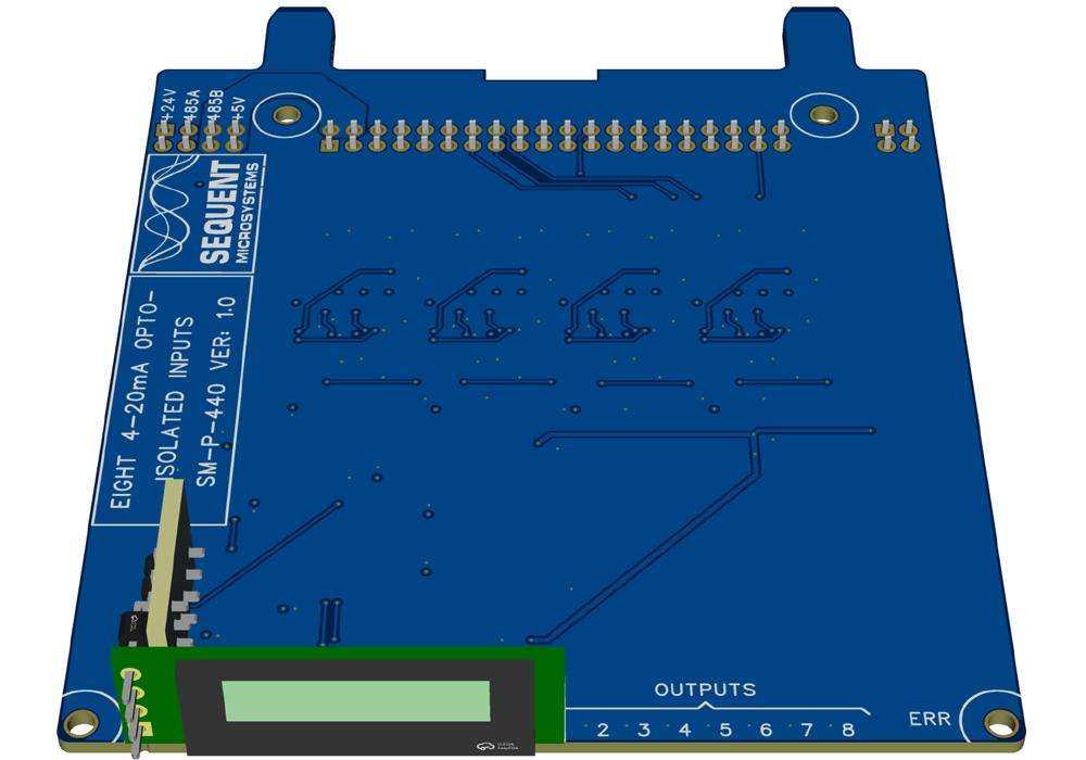 8 Analog 4–20 mA Inputs card with a blue circuit board, gold connectors, and a small green OLED display