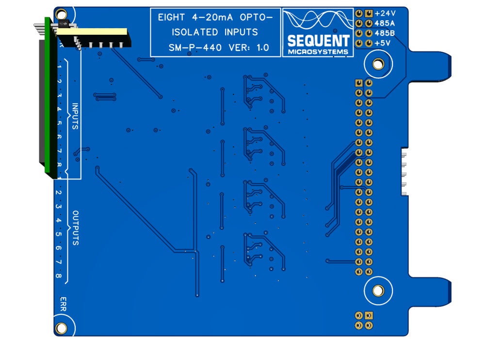 8 Analog 4–20 mA Inputs card with a blue circuit board, opto-isolated input markings, and gold connector pins