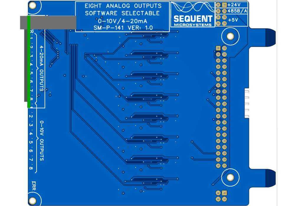 8 Analog output card with a blue circuit board, gold contacts, and labels for selectable 0–10V or 4–20mA outputs