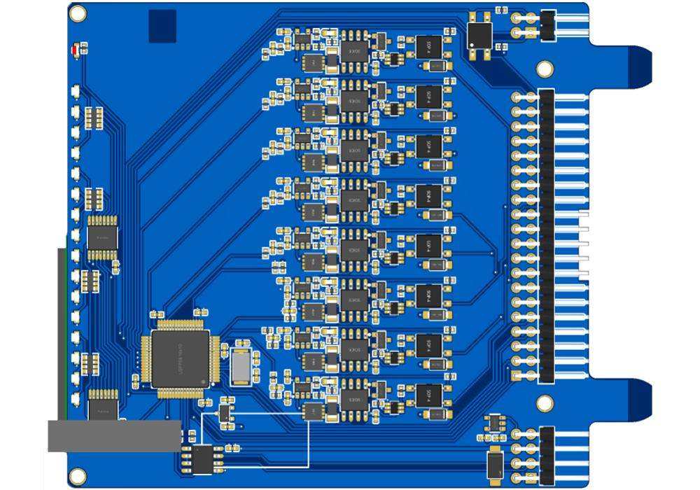 8 Analog output card with a blue circuit board, eight repeated channel circuits, connector pins and surface-mounted components