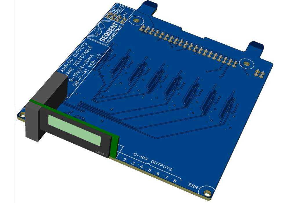 8 Analog output card with a blue circuit board, green terminal connector, and built-in OLED display