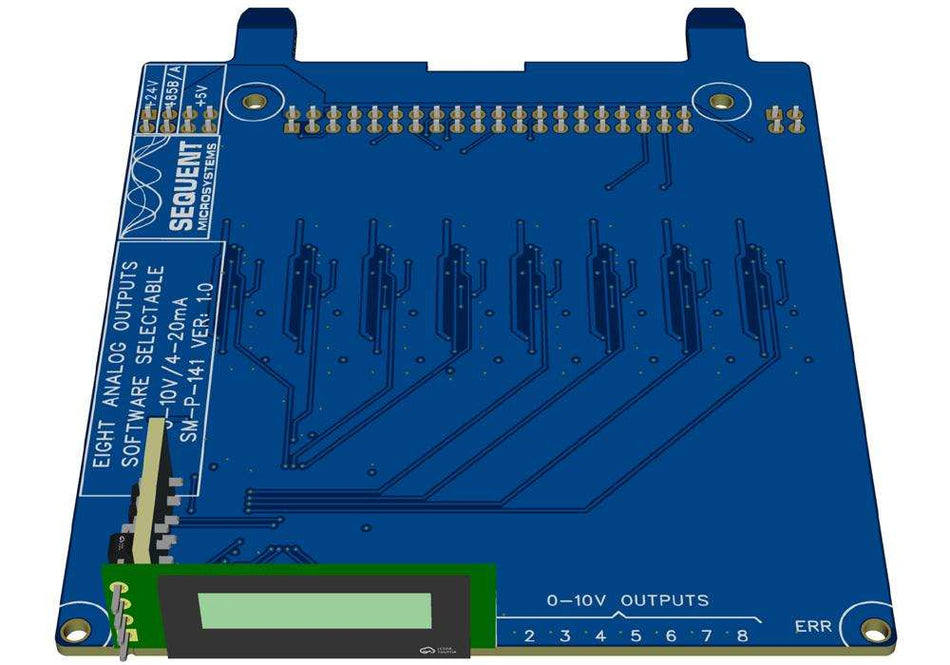 8 Analog output card with a blue circuit board, green OLED display, terminal connector and 0–10V output labels