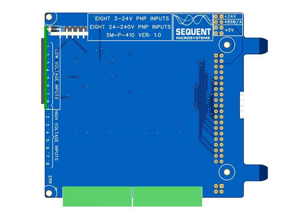 Digital input circuit board, 8 HV and 8 LV, blue PCB with green terminal blocks, connector pins and status LEDs