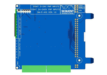 Digital input circuit board, 8 HV and 8 LV, blue PCB with green terminal blocks, connector pins and status LEDs
