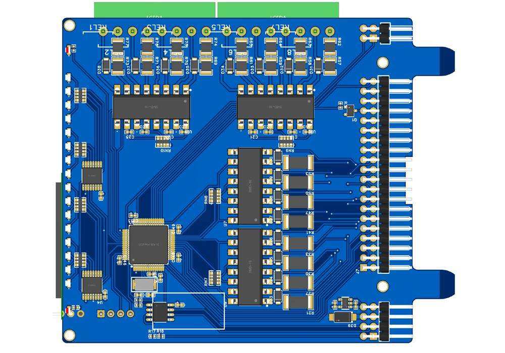 Digital input card with a blue circuit board, black components, gold contacts and exposed edge connector, 8 HV and 8 LV