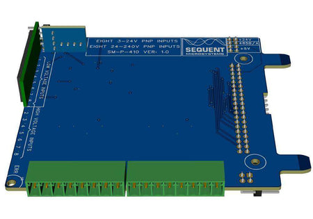 8 HV and 8 LV digital input card with a blue circuit board, green pluggable terminal blocks and pin headers