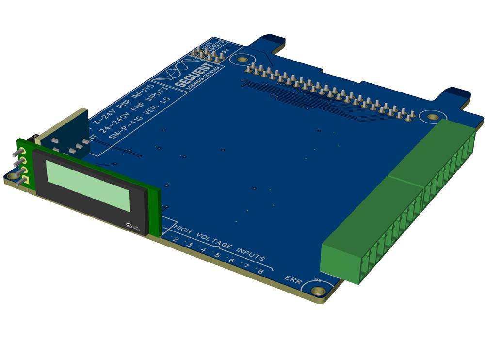8 HV and 8 LV digital input card with a blue circuit board, green terminal block, and small OLED display