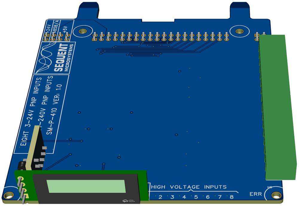 8 HV and 8 LV digital input card with a blue circuit board, green side connector, OLED display and channel labels