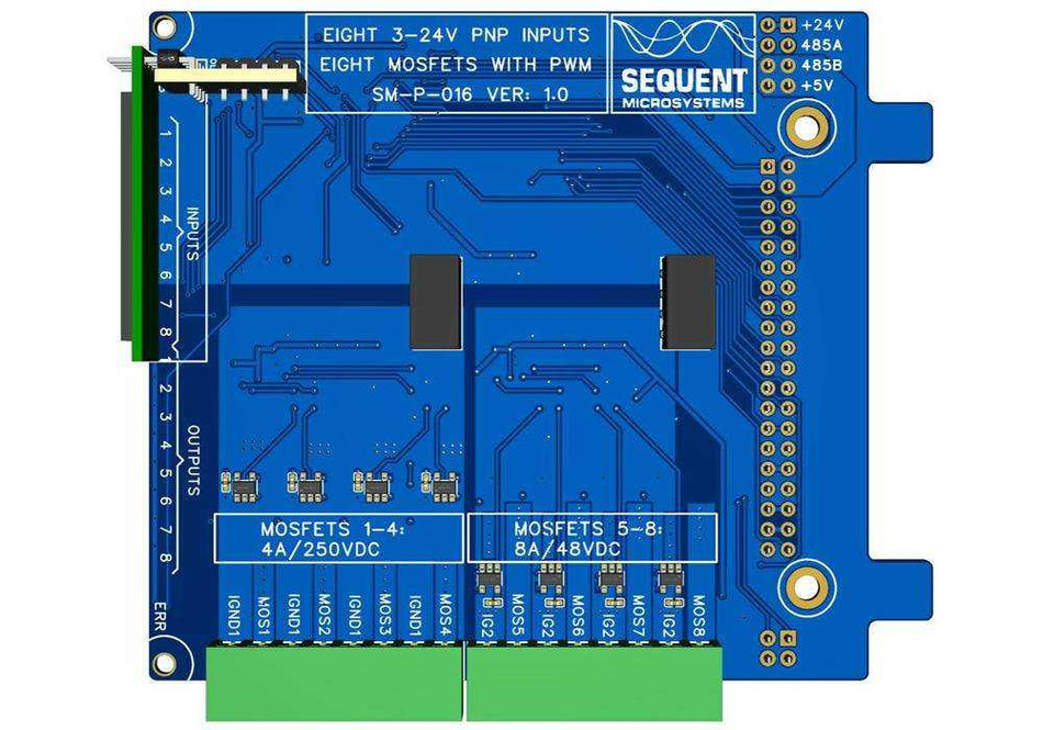 Eight MOSFETS with PWM card for Raspberry Pi Back Panel with 4 high voltage 4A/250VDC and 4 high current 8A/48VDC outputs, isolated inputs, and connectors.
