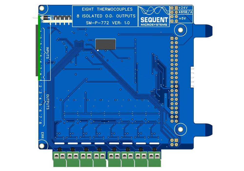 8 Thermocouples circuit board, blue PCB with green screw terminals, printed labels, and rows of connector pins