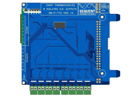 8 Thermocouples circuit board, blue PCB with green screw terminals, printed labels, and rows of connector pins