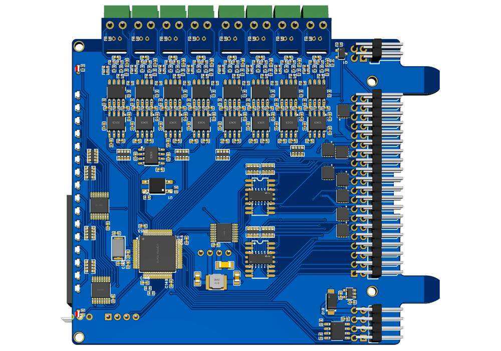 8 Thermocouples circuit board in blue with green screw terminals, gold contacts and right-side pin headers
