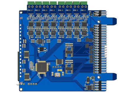 8 Thermocouples circuit board in blue with green screw terminals, gold contacts and right-side pin headers