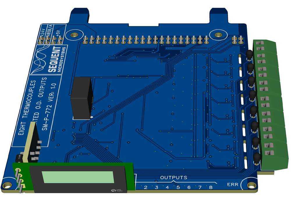 8 Thermocouples circuit board in blue with green screw terminals, a dot-matrix display, and input-output connectors