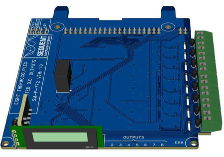8 Thermocouples circuit board in blue with green screw terminals, a dot-matrix display, and input-output connectors