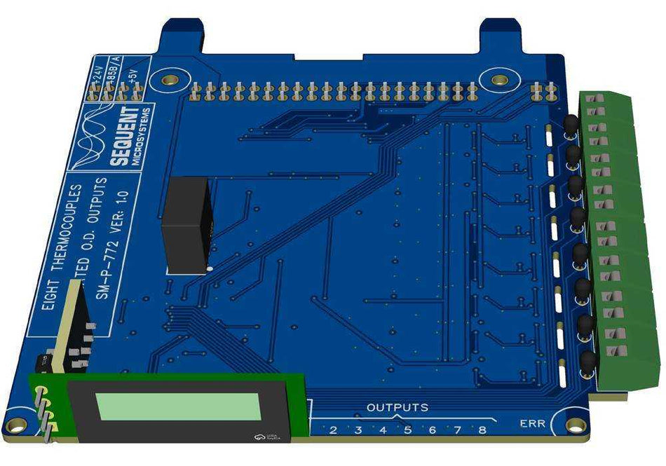 8 Thermocouples circuit board in blue with green screw terminals, a dot-matrix display, and input-output connectors