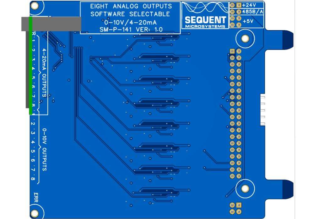 8-Channel Analog Output Card for Raspberry Pi Back Panel with software-selectable 0-10V or 4-20mA outputs and MODBUS RS485 integration