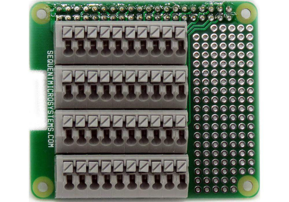 Breakout card with spring-loaded terminal blocks for Raspberry Pi GPIO pins and prototype area