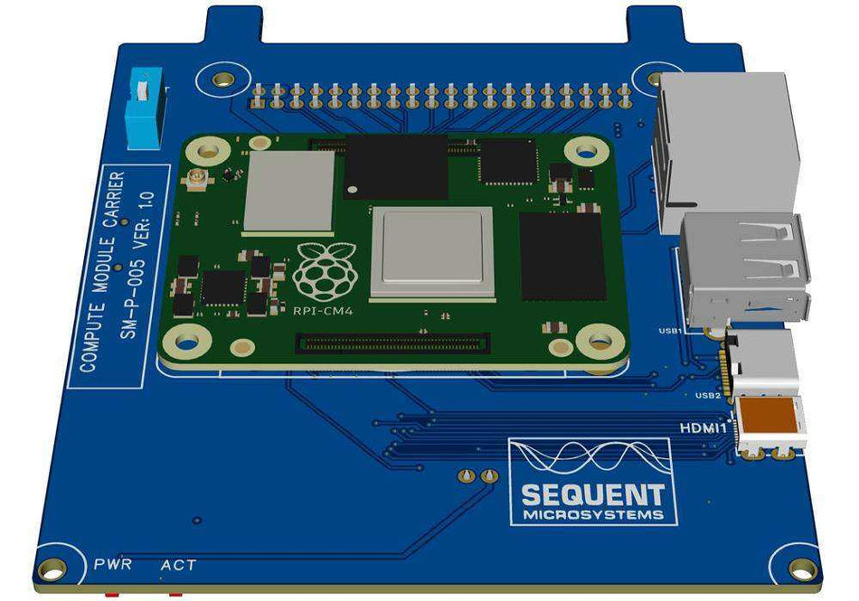 Compute Module Carrier board for Raspberry Pi CM4 with Ethernet, USB-A, USB-C, and HDMI ports on blue Sequent Microsystems PCB
