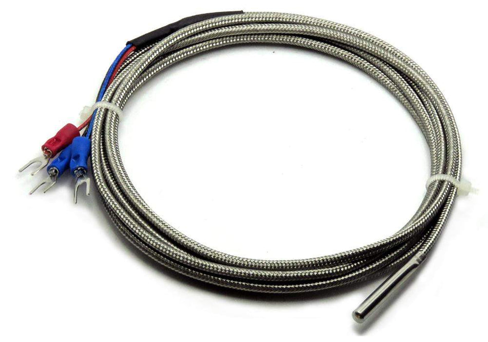 PT100 Sensor stainless steel probe with 2-meter braided wire and 3-wire prong terminals for Raspberry Pi RTD data acquisition.