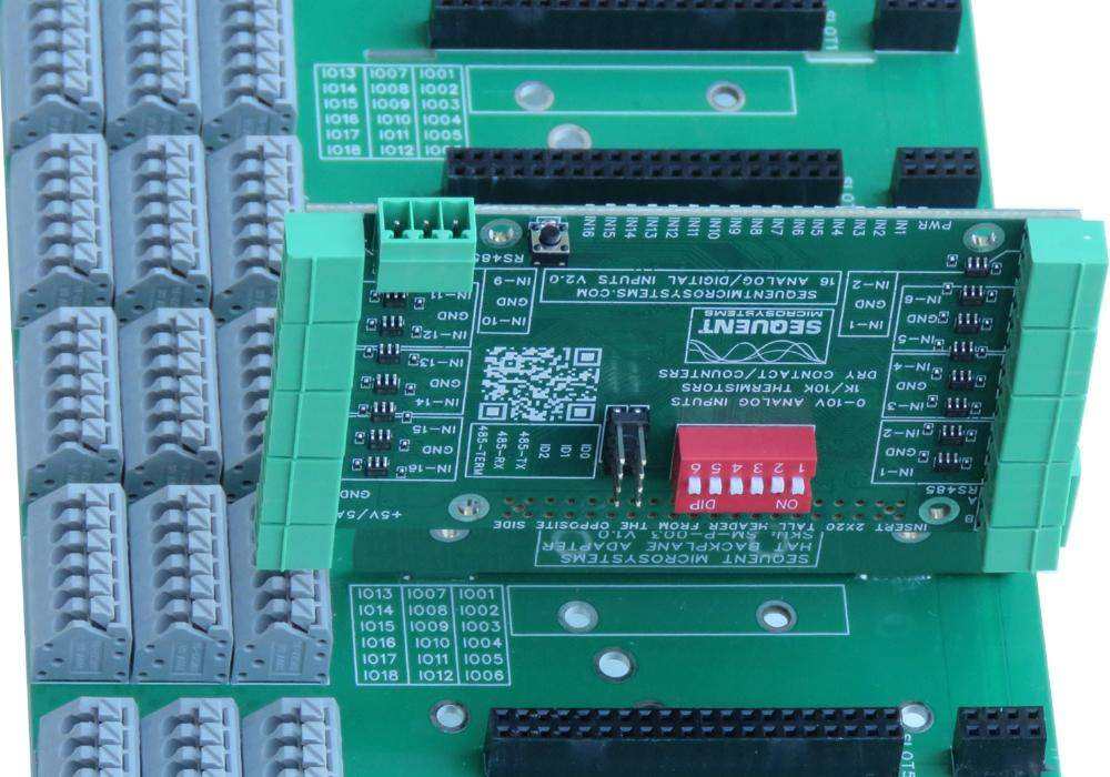 Back Panel for Raspberry Pi with green circuit boards, gray terminal blocks, black headers, and red DIP switches