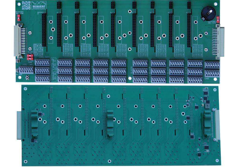 Back Panel for Raspberry Pi, green industrial circuit board with eight I/O slots and rows of terminal blocks