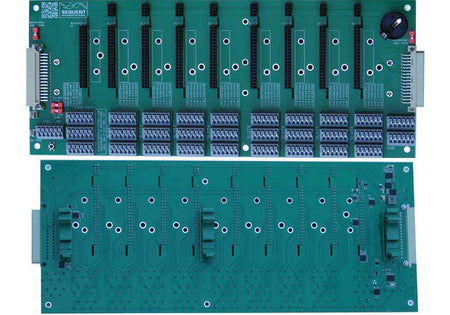 Back Panel for Raspberry Pi, green industrial circuit board with eight I/O slots and rows of terminal blocks