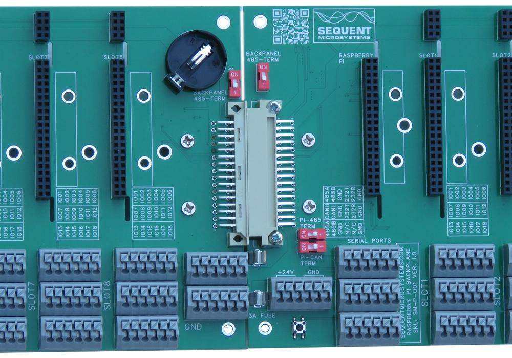 Back Panel for Raspberry Pi, teal industrial circuit board with eight I/O slots, terminal blocks and central connector