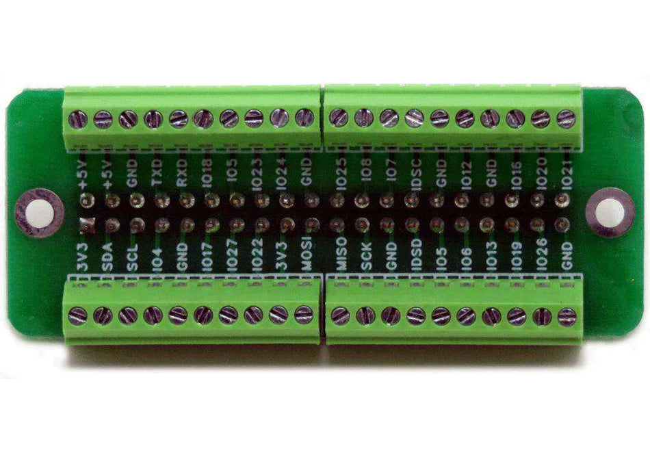 Breakout Card Screw Mount with a green PCB, four rows of green screw terminals, labeled GPIO pins, and mounting holes