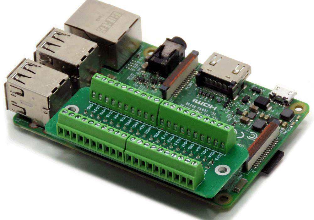 Breakout Card Screw Mount green PCB with two rows of green screw terminals fitted to a Raspberry Pi board
