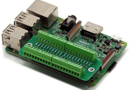 Breakout Card Screw Mount green PCB with two rows of green screw terminals fitted to a Raspberry Pi board