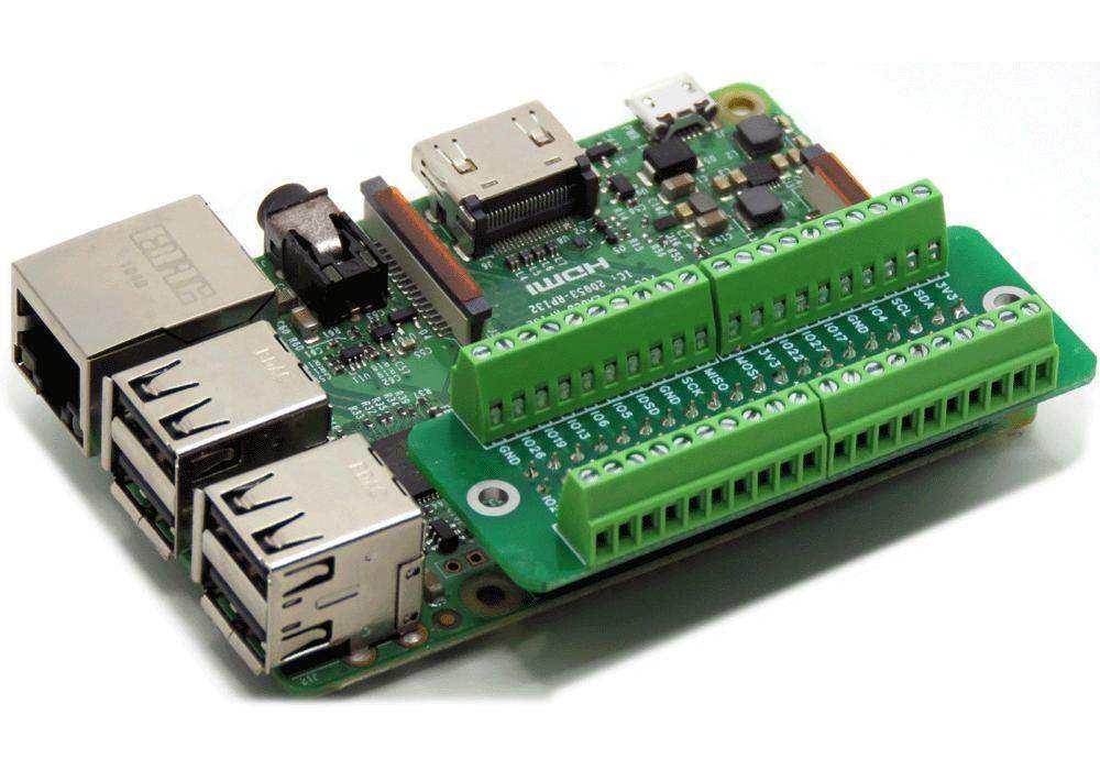 Breakout Card Screw Mount green PCB with two rows of green screw terminals, fitted onto a Raspberry Pi board