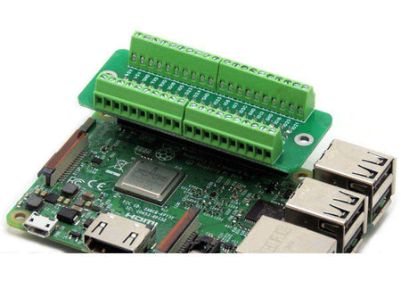 Breakout Card Screw Mount with green screw terminals and circuit board mounted on a Raspberry Pi GPIO header