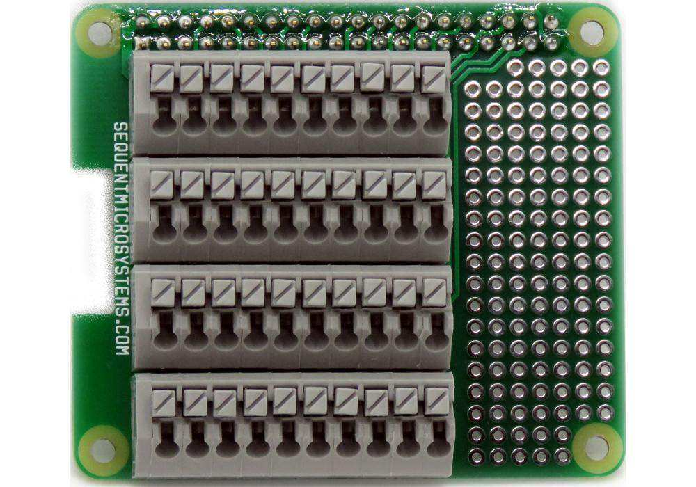 Breakout Card Type2 green PCB with four rows of gray spring-loaded terminals and a perforated prototype area