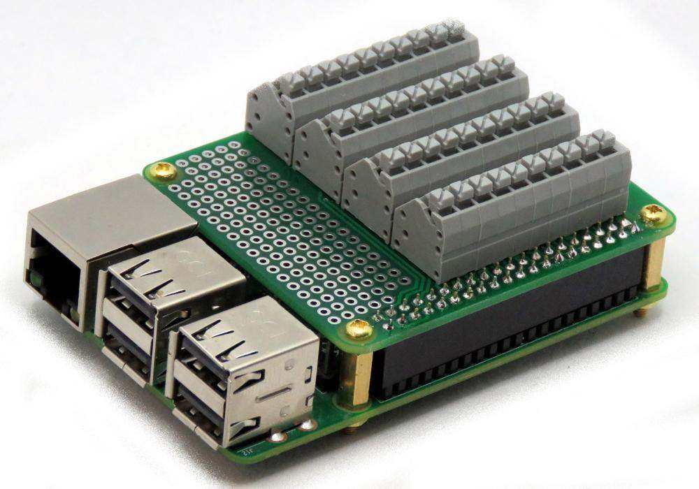 Breakout Card Type2 green PCB with gray spring-loaded terminal blocks, prototype holes and GPIO header