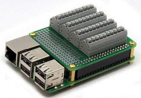 Breakout Card Type2 green PCB with gray spring-loaded terminal blocks, prototype holes and GPIO header