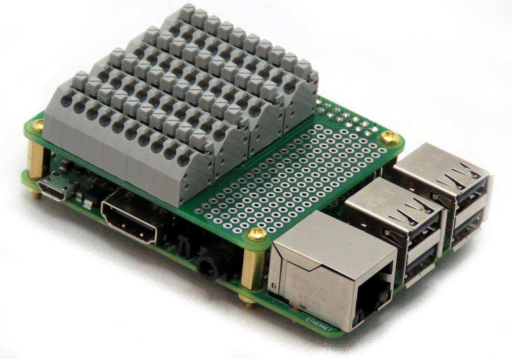 Breakout Card Type2 green circuit board with gray spring-loaded terminal blocks and a perforated prototype area